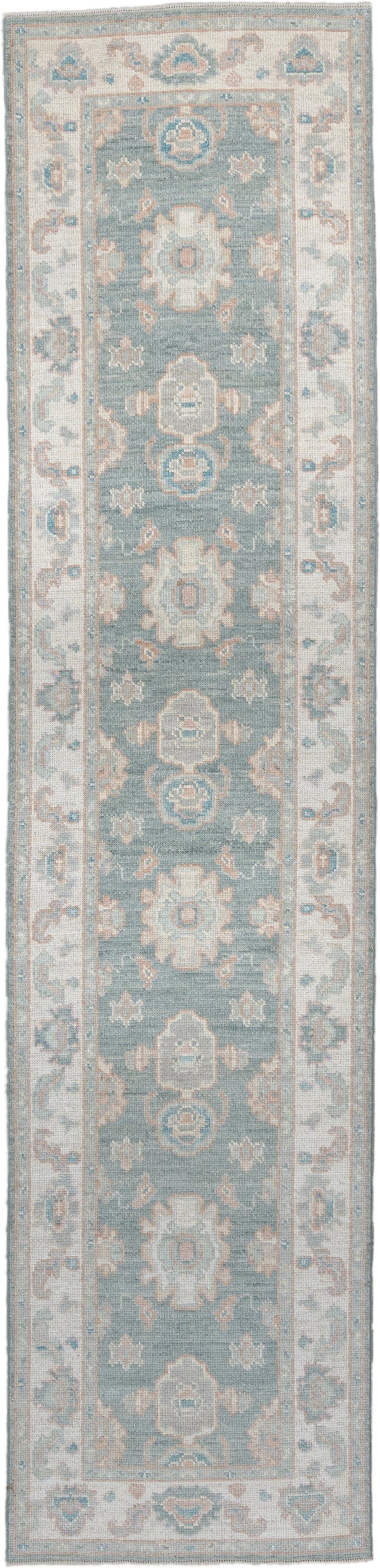 3' x 12' one-of-a-kind handmade vintage Oushak runner rug. Color palette: aqua, ivory, beige, taupe, pale blue, sand, teal