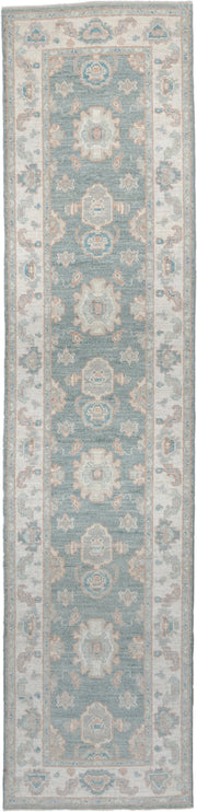 3' x 12' one-of-a-kind handmade vintage Oushak runner rug. Color palette: aqua, ivory, beige, taupe, pale blue, sand, teal