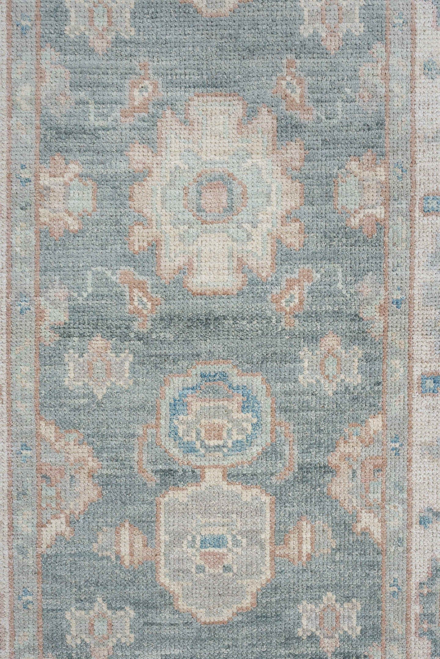 3' x 12' one-of-a-kind handmade vintage Oushak runner rug. Color palette: aqua, ivory, beige, taupe, pale blue, sand, teal