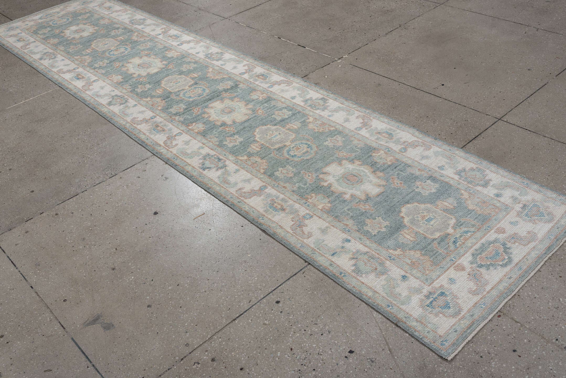 3' x 12' one-of-a-kind handmade vintage Oushak runner rug. Color palette: aqua, ivory, beige, taupe, pale blue, sand, teal