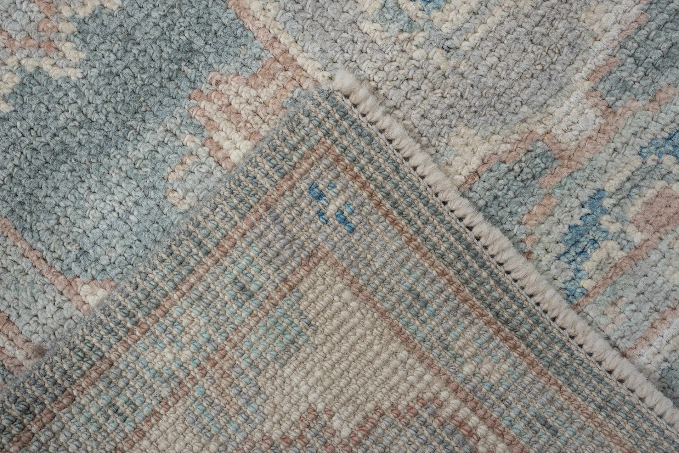 3' x 12' one-of-a-kind handmade vintage Oushak runner rug. Color palette: aqua, ivory, beige, taupe, pale blue, sand, teal