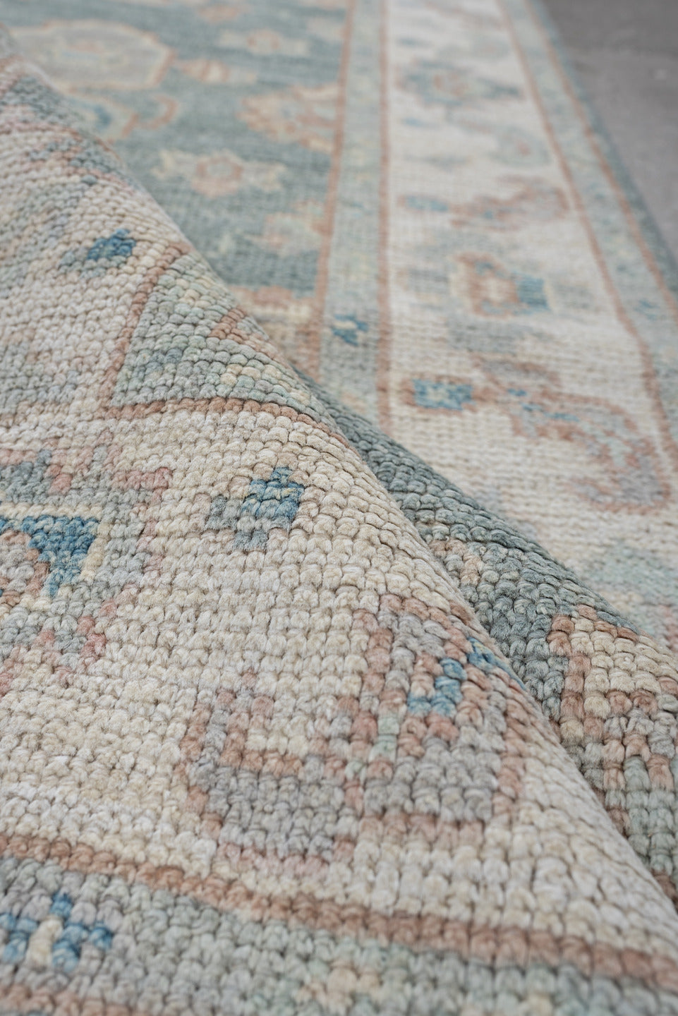 3' x 12' one-of-a-kind handmade vintage Oushak runner rug. Color palette: aqua, ivory, beige, taupe, pale blue, sand, teal
