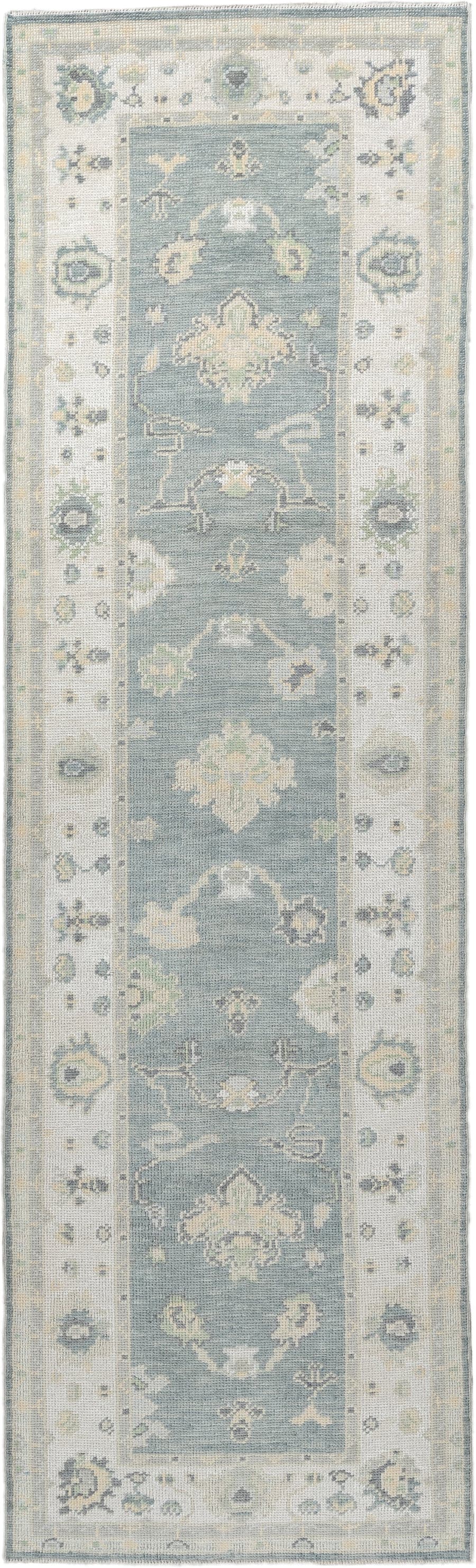 3' x 9' one-of-a-kind handmade vintage Oushak runner rug. Color palette: pale blue, ivory, sage, taupe, slate, cream