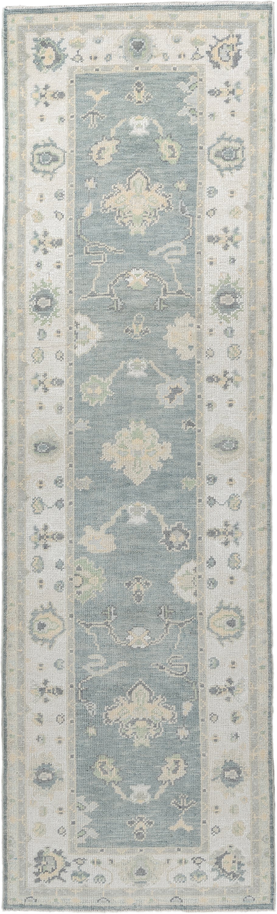 3' x 9' one-of-a-kind handmade vintage Oushak runner rug. Color palette: pale blue, ivory, sage, taupe, slate, cream