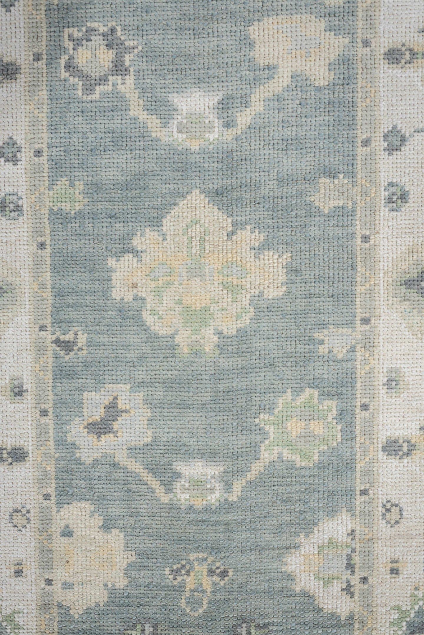 3' x 9' one-of-a-kind handmade vintage Oushak runner rug. Color palette: pale blue, ivory, sage, taupe, slate, cream