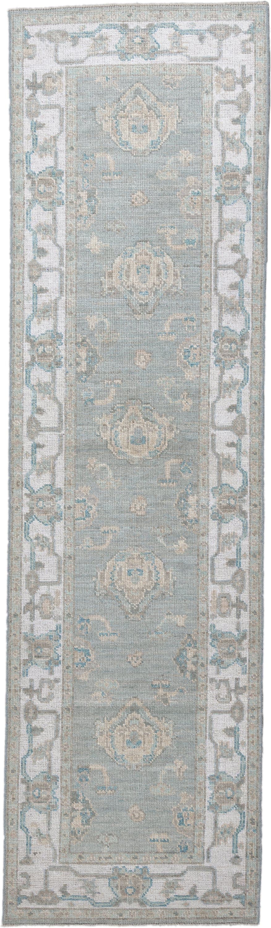 3' x 10' one-of-a-kind handmade vintage Oushak runner rug. Color palette: aqua, ivory, taupe, beige, pale blue, stone, teal