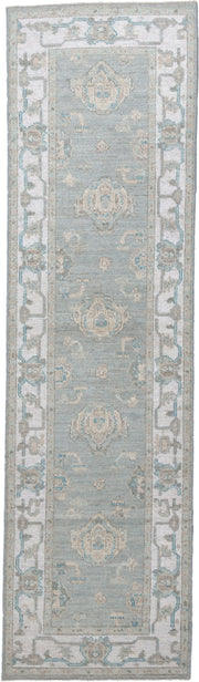 3' x 10' one-of-a-kind handmade vintage Oushak runner rug. Color palette: aqua, ivory, taupe, beige, pale blue, stone, teal