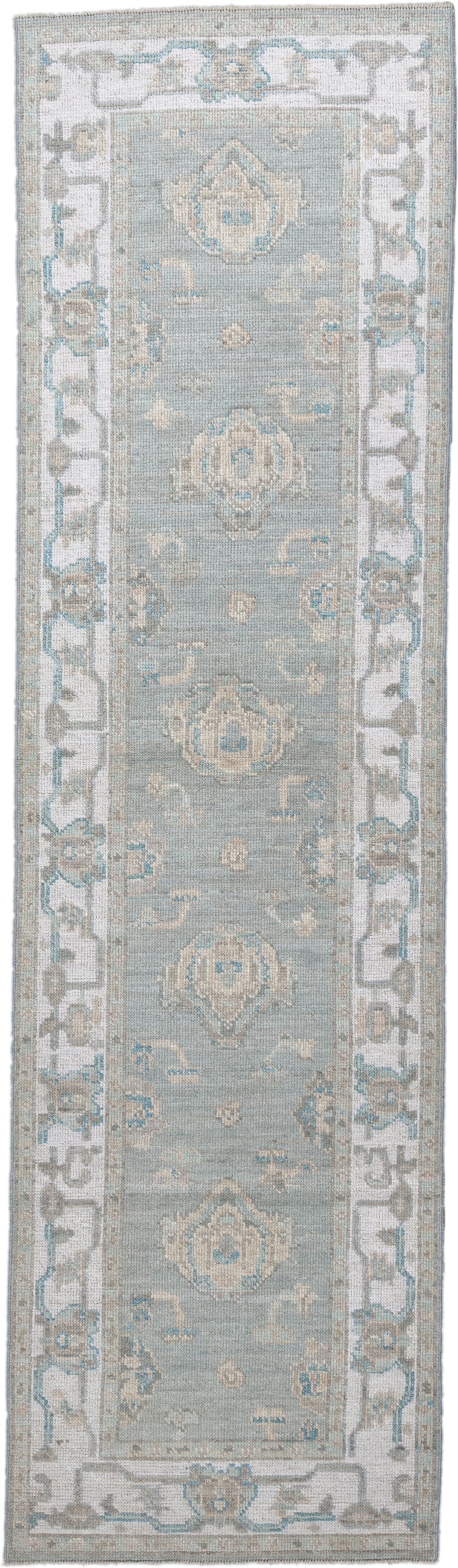 3' x 10' one-of-a-kind handmade vintage Oushak runner rug. Color palette: aqua, ivory, taupe, beige, pale blue, stone, teal