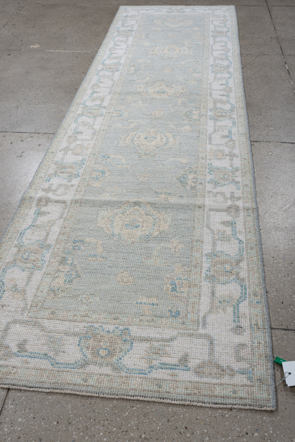 3' x 10' one-of-a-kind handmade vintage Oushak runner rug. Color palette: aqua, ivory, taupe, beige, pale blue, stone, teal