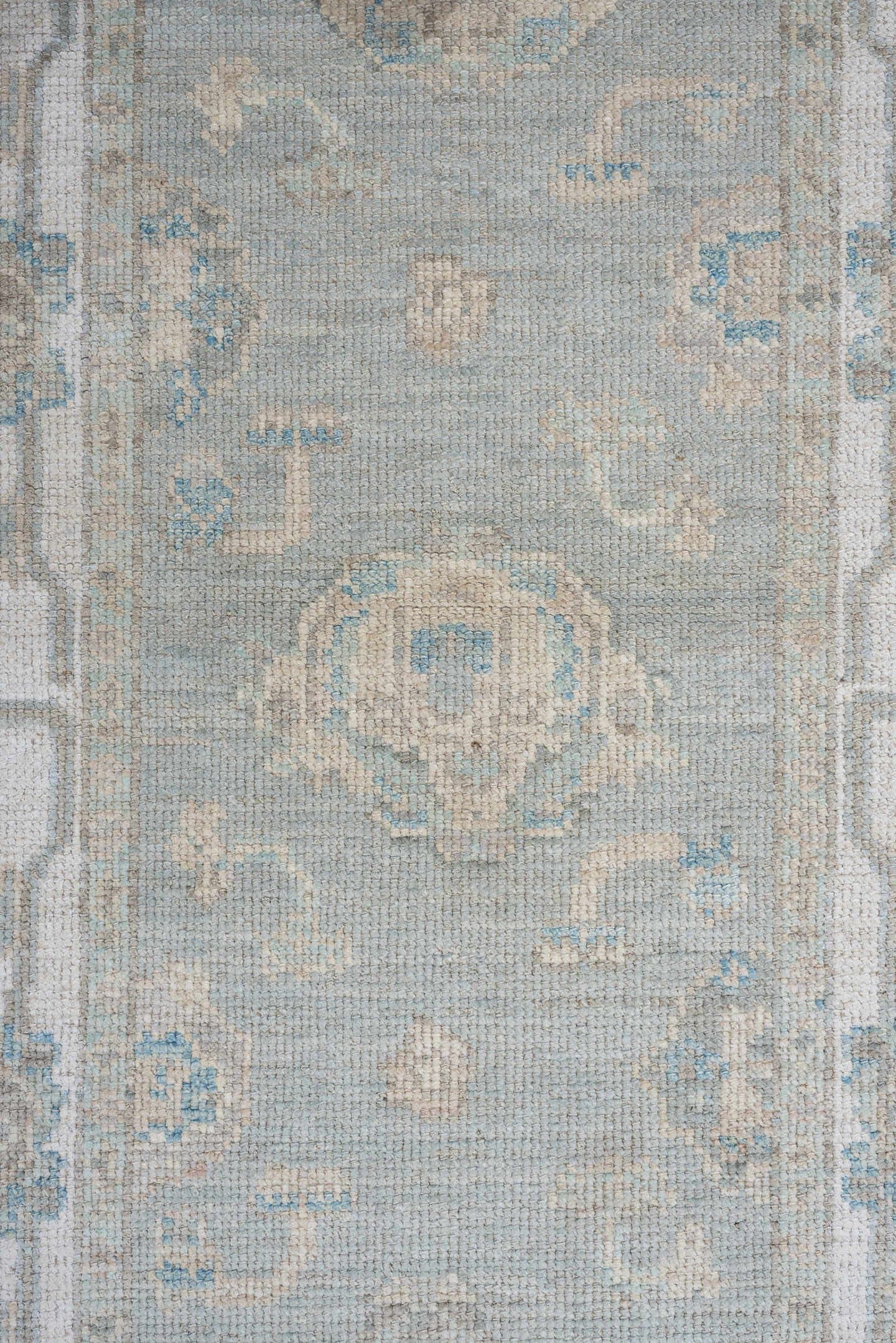 3' x 10' one-of-a-kind handmade vintage Oushak runner rug. Color palette: aqua, ivory, taupe, beige, pale blue, stone, teal