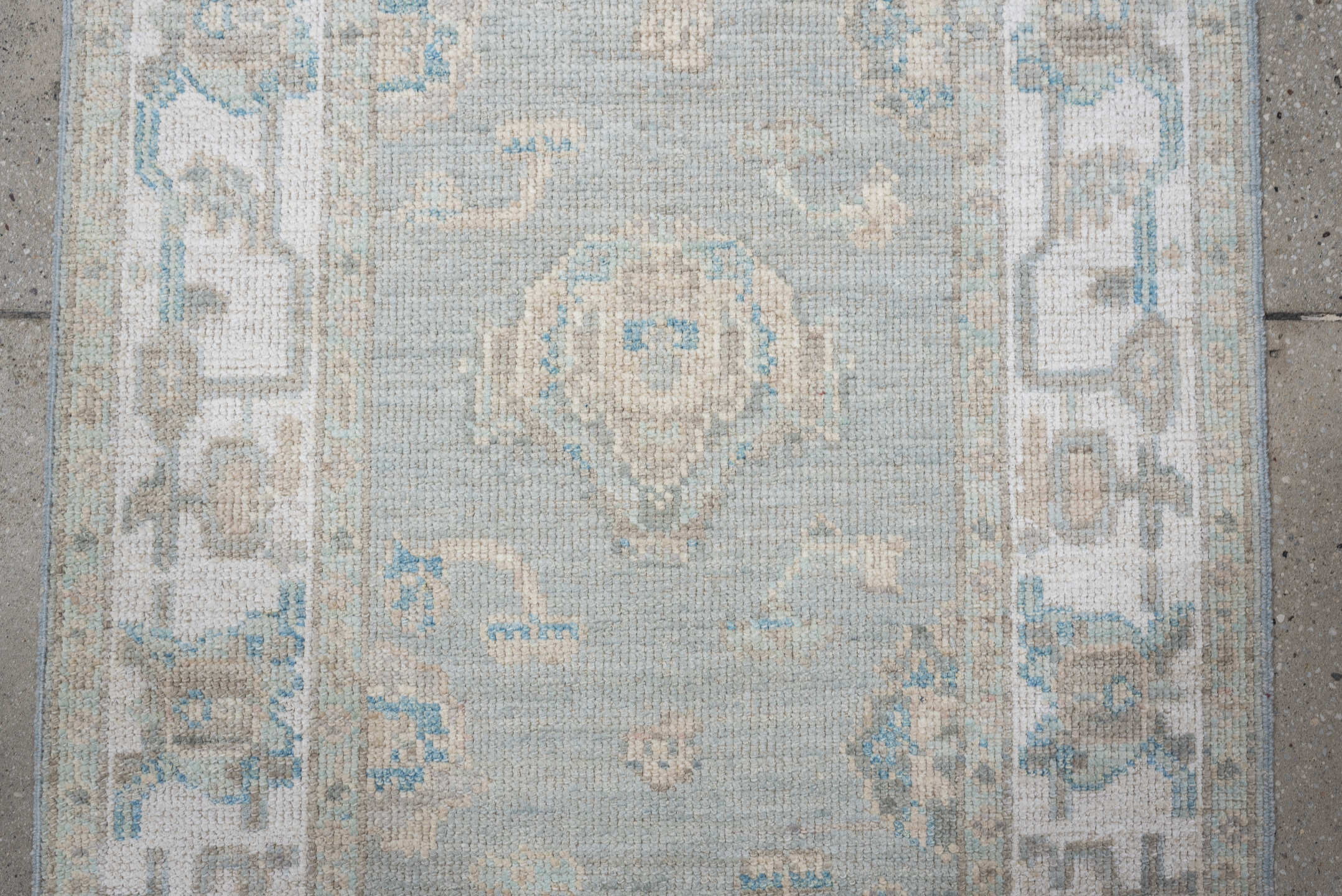 3' x 10' one-of-a-kind handmade vintage Oushak runner rug. Color palette: aqua, ivory, taupe, beige, pale blue, stone, teal