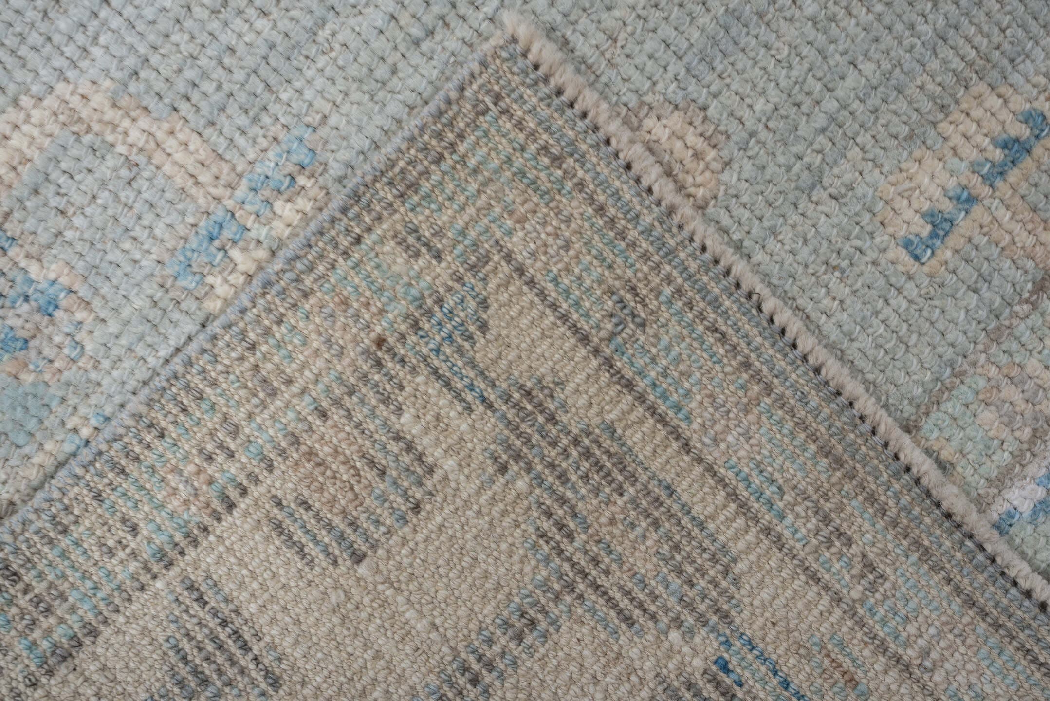 3' x 10' one-of-a-kind handmade vintage Oushak runner rug. Color palette: aqua, ivory, taupe, beige, pale blue, stone, teal