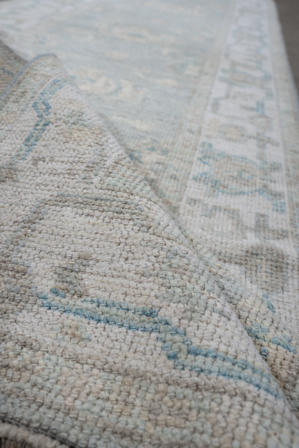 3' x 10' one-of-a-kind handmade vintage Oushak runner rug. Color palette: aqua, ivory, taupe, beige, pale blue, stone, teal