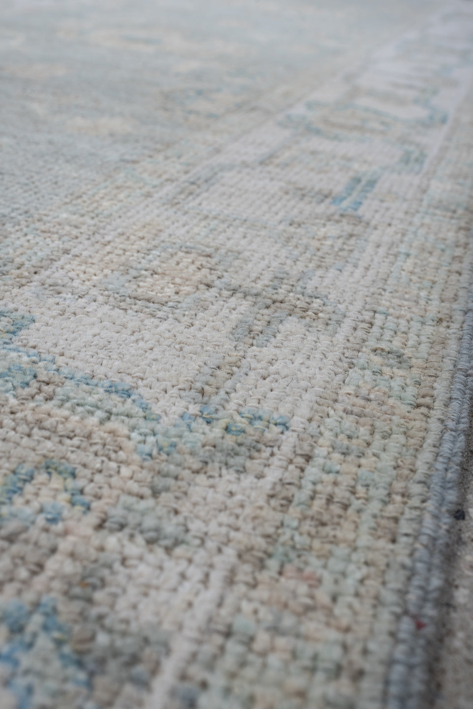 3' x 10' one-of-a-kind handmade vintage Oushak runner rug. Color palette: aqua, ivory, taupe, beige, pale blue, stone, teal
