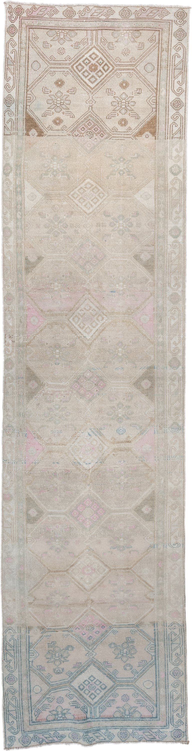 3' x 12' one-of-a-kind handmade antique Hamadan runner rug. Color palette: ivory, taupe, sky blue, blush, camel, sage, rose