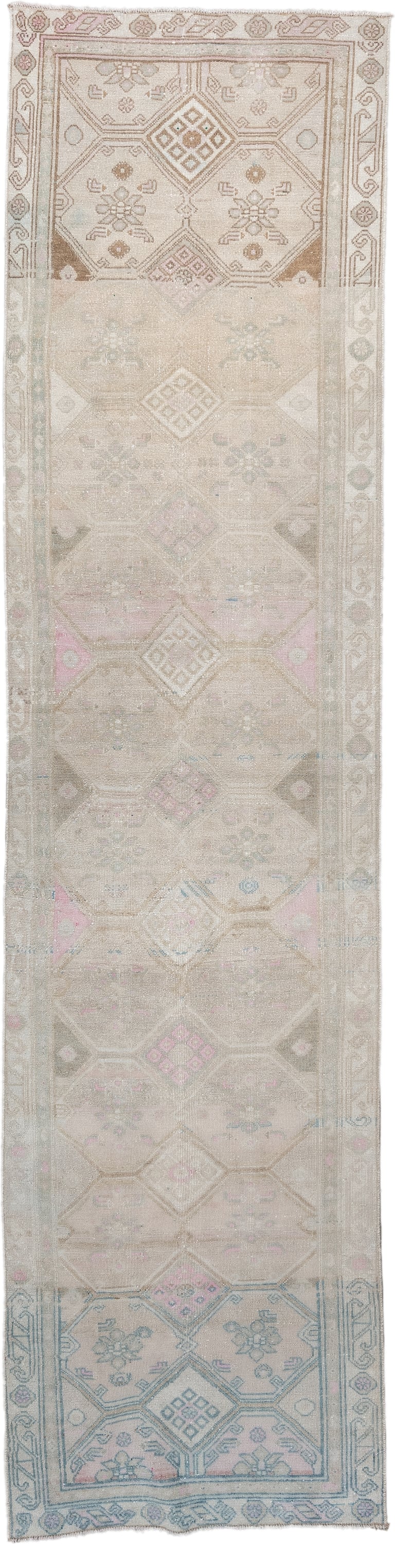 3' x 12' one-of-a-kind handmade antique Hamadan runner rug. Color palette: ivory, taupe, sky blue, blush, camel, sage, rose