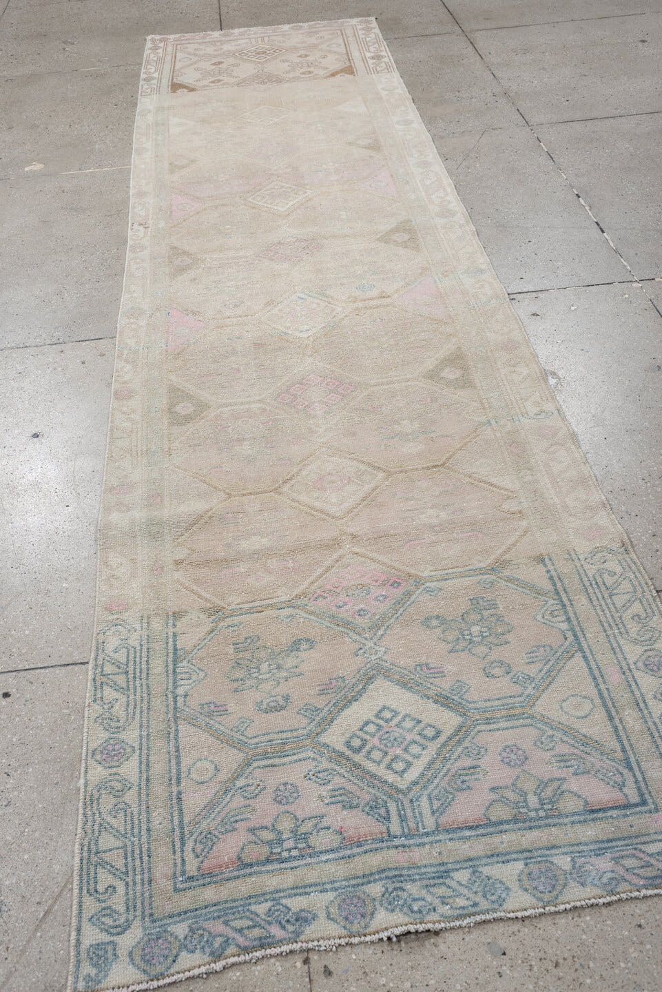 3' x 12' one-of-a-kind handmade antique Hamadan runner rug. Color palette: ivory, taupe, sky blue, blush, camel, sage, rose
