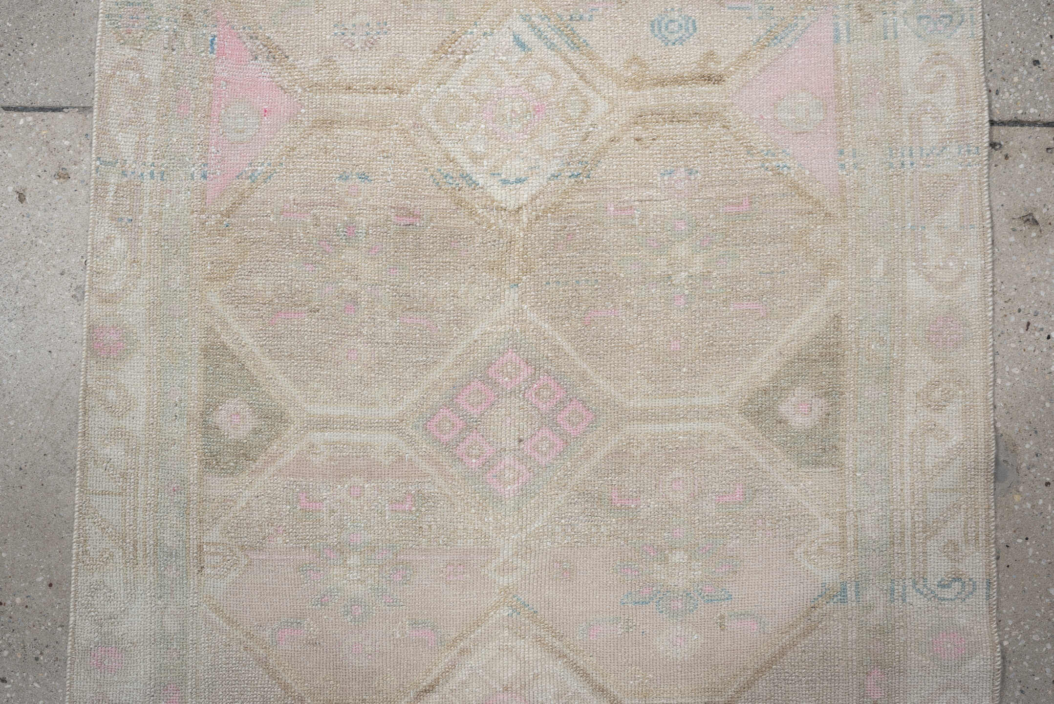 3' x 12' one-of-a-kind handmade antique Hamadan runner rug. Color palette: ivory, taupe, sky blue, blush, camel, sage, rose