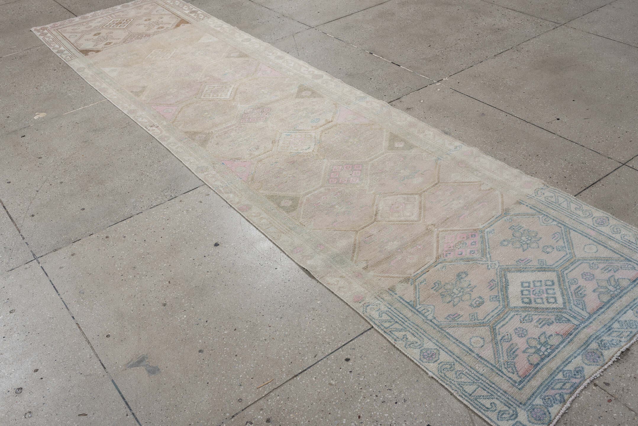 3' x 12' one-of-a-kind handmade antique Hamadan runner rug. Color palette: ivory, taupe, sky blue, blush, camel, sage, rose