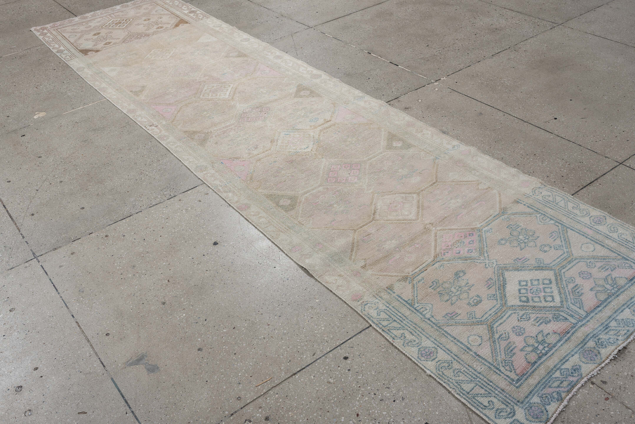3' x 12' one-of-a-kind handmade antique Hamadan runner rug. Color palette: ivory, taupe, sky blue, blush, camel, sage, rose