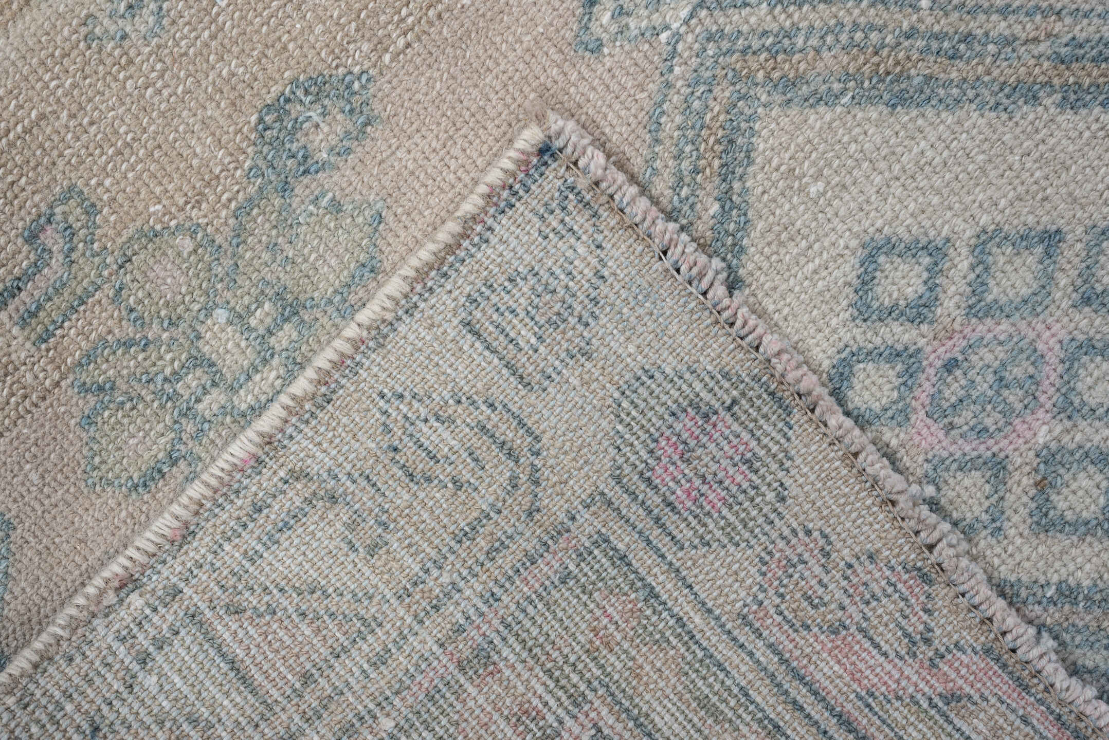 3' x 12' one-of-a-kind handmade antique Hamadan runner rug. Color palette: ivory, taupe, sky blue, blush, camel, sage, rose