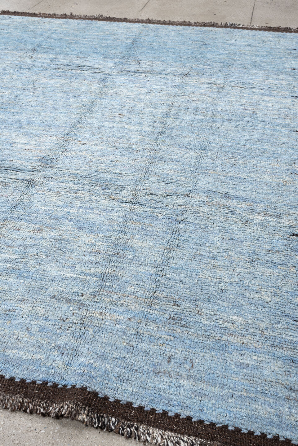 8' x 10' one-of-a-kind handmade vintage Tulu large size rug. Color palette: powder blue, brown, ivory, charcoal, light blue