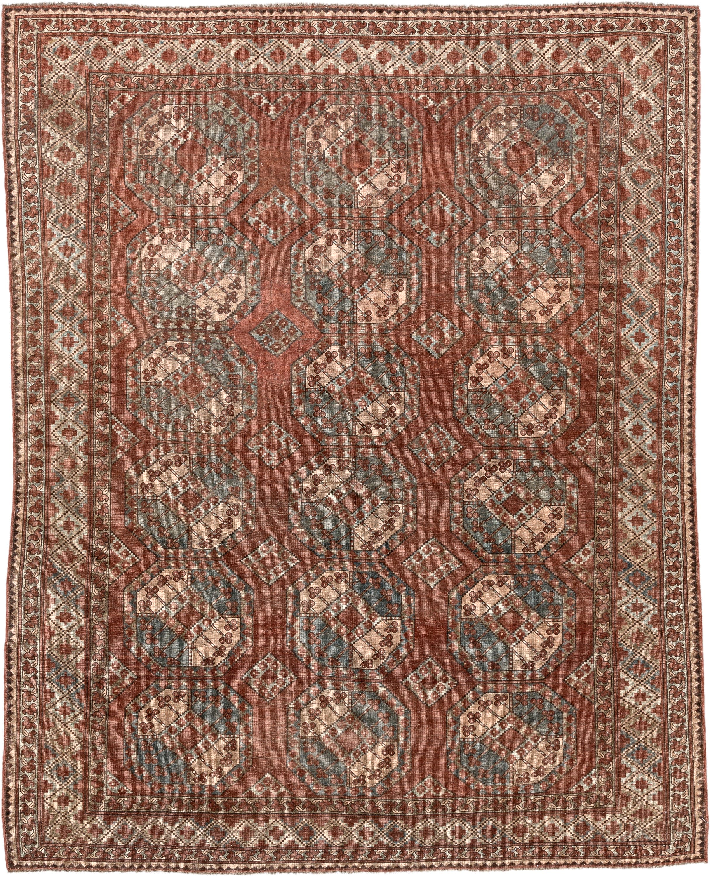 7' x 9' one-of-a-kind handmade vintage Afghan rug. Color palette: terracotta, ivory, blue gray, rust, taupe, camel, brown