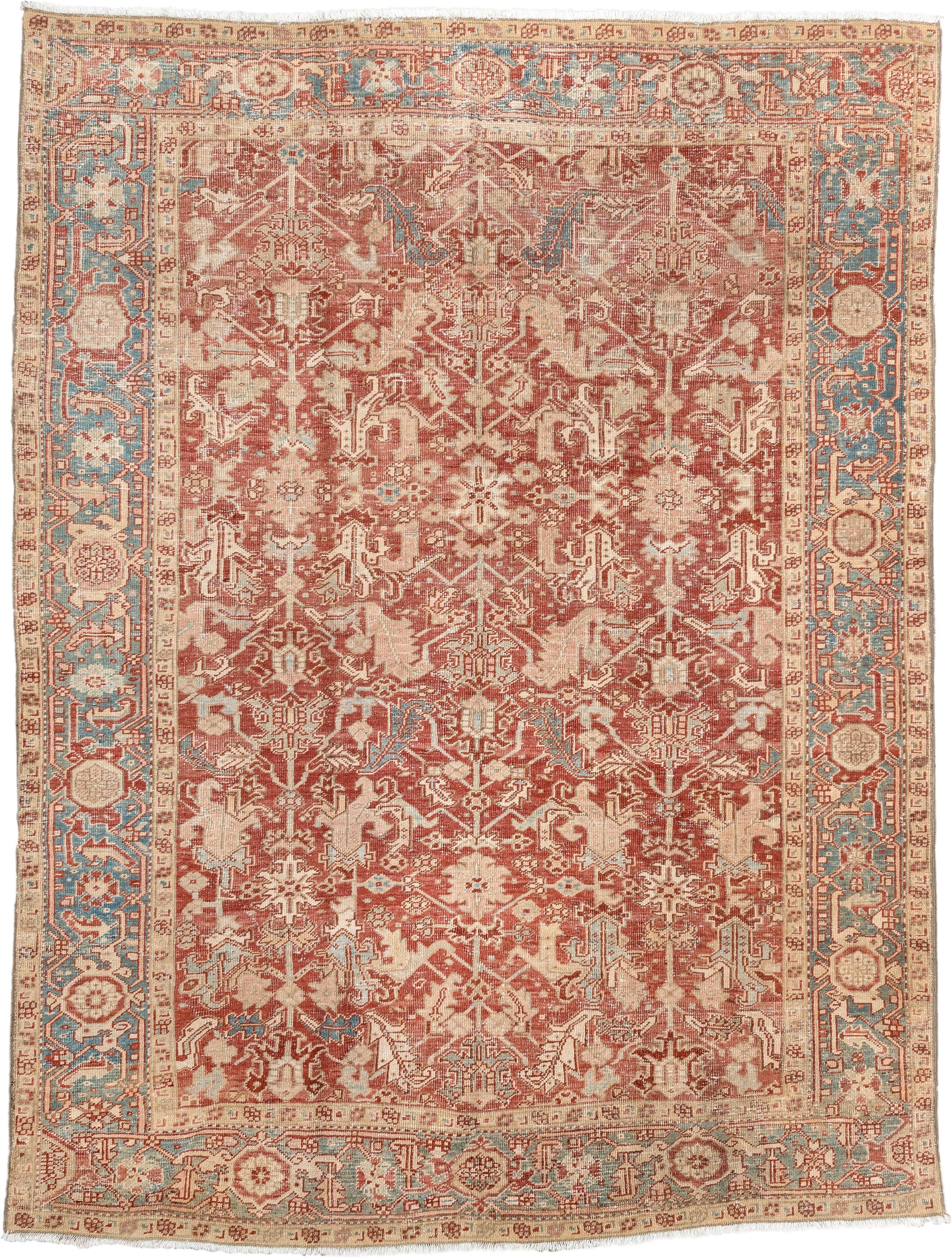 7' x 9' one-of-a-kind handmade vintage Heriz large size rug. Color palette: terracotta, ivory, sky blue, camel, rust, taupe
