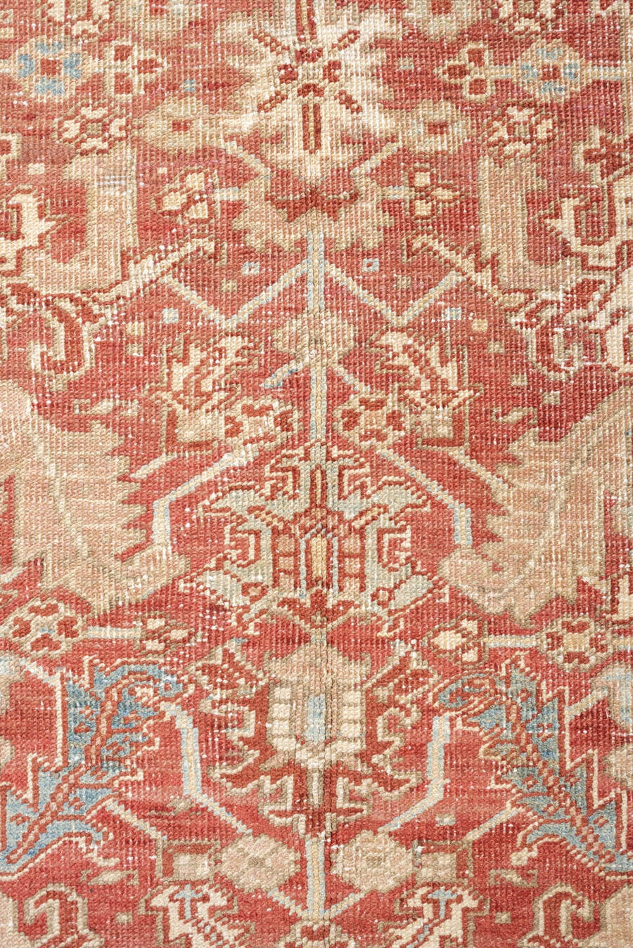 7' x 9' one-of-a-kind handmade vintage Heriz large size rug. Color palette: terracotta, ivory, sky blue, camel, rust, taupe