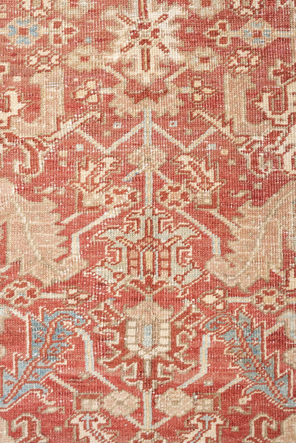 7' x 9' one-of-a-kind handmade vintage Heriz large size rug. Color palette: terracotta, ivory, sky blue, camel, rust, taupe