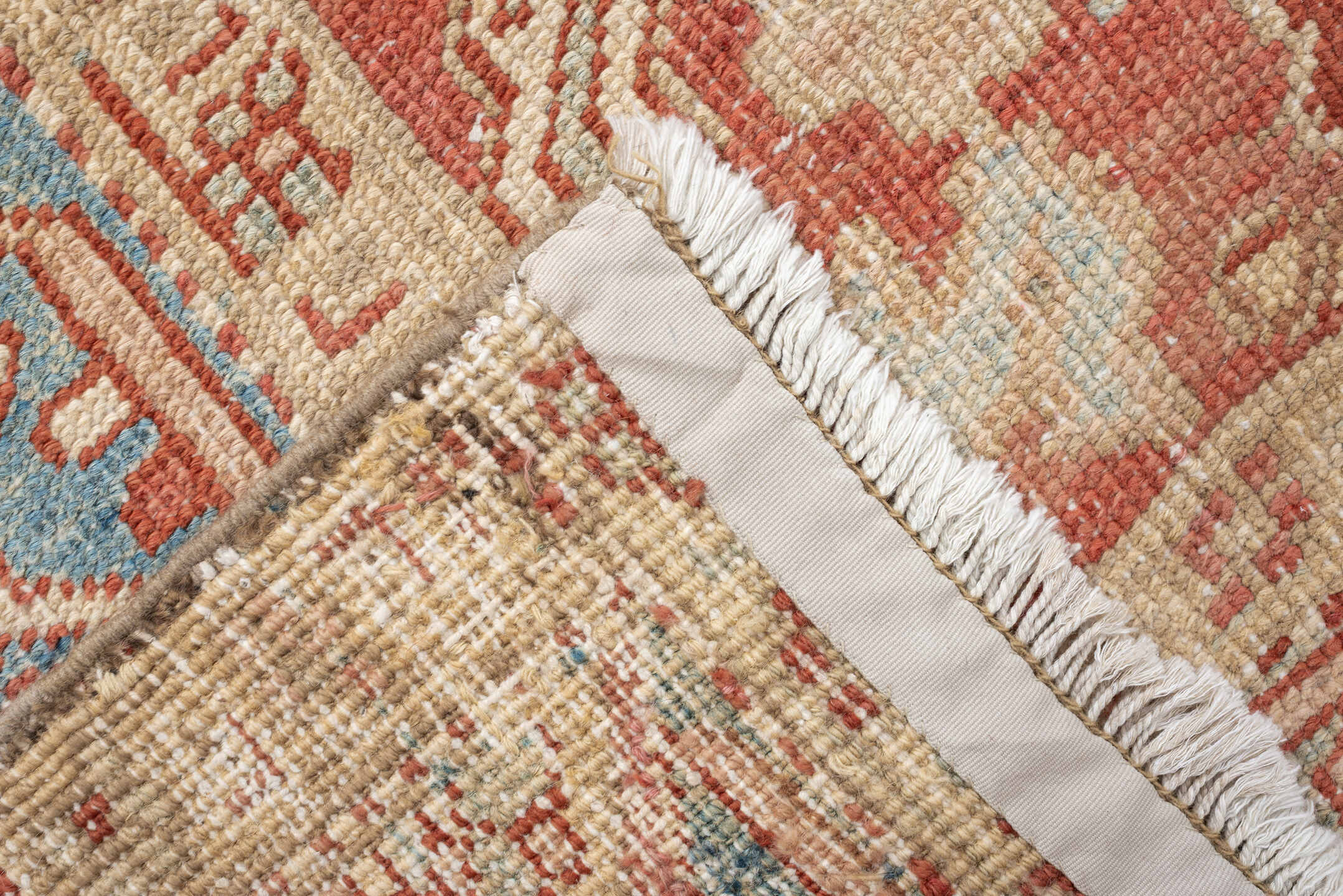 7' x 9' one-of-a-kind handmade vintage Heriz large size rug. Color palette: terracotta, ivory, sky blue, camel, rust, taupe