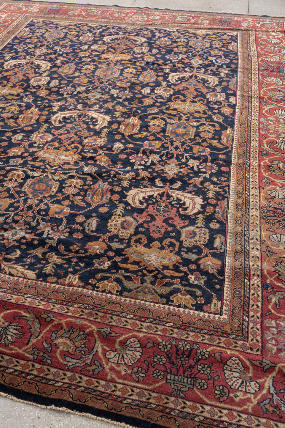 8' x 10' one-of-a-kind handmade vintage Farahan large size rug. Color palette: navy, rust, ivory, terracotta, dusty blue