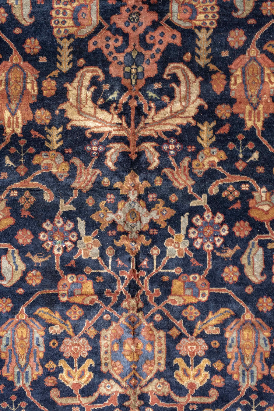 8' x 10' one-of-a-kind handmade vintage Farahan large size rug. Color palette: navy, rust, ivory, terracotta, dusty blue