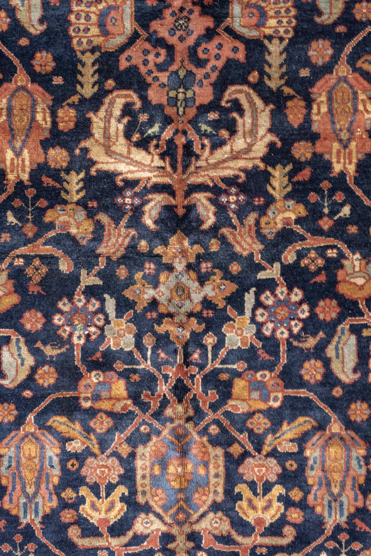 8' x 10' one-of-a-kind handmade vintage Farahan large size rug. Color palette: navy, rust, ivory, terracotta, dusty blue