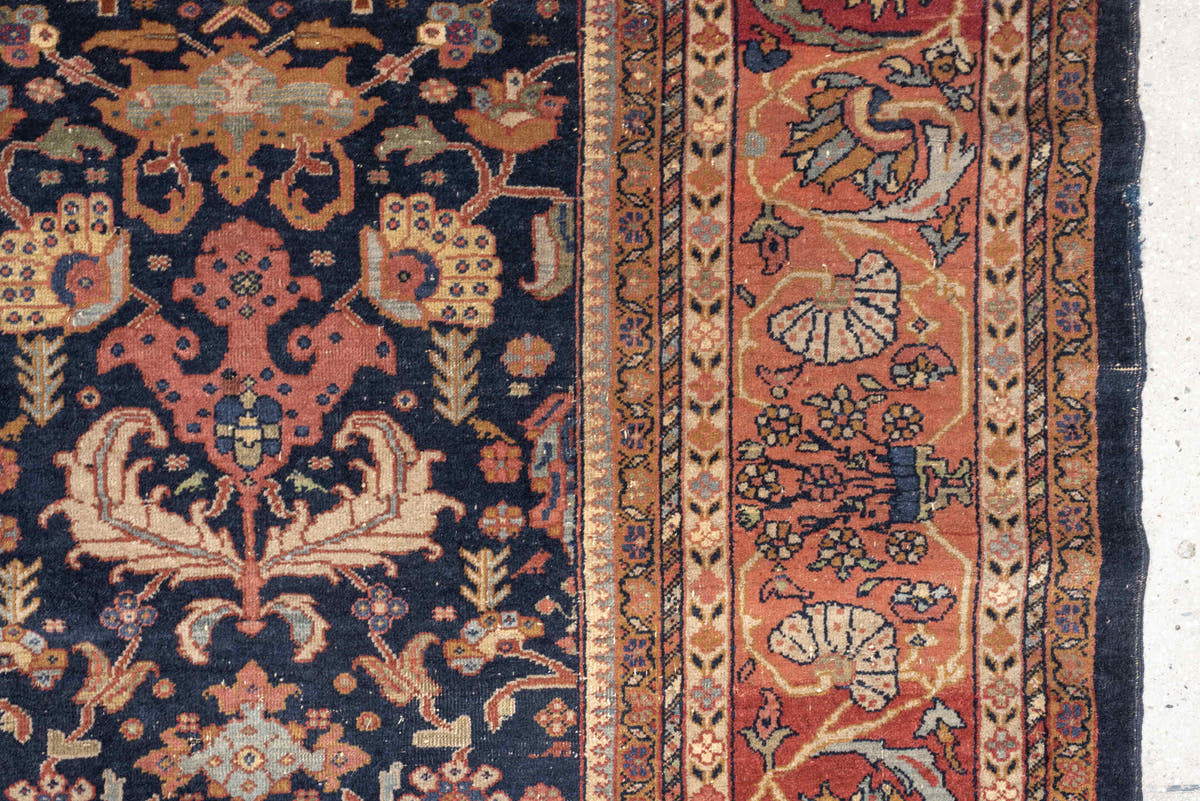 8' x 10' one-of-a-kind handmade vintage Farahan large size rug. Color palette: navy, rust, ivory, terracotta, dusty blue