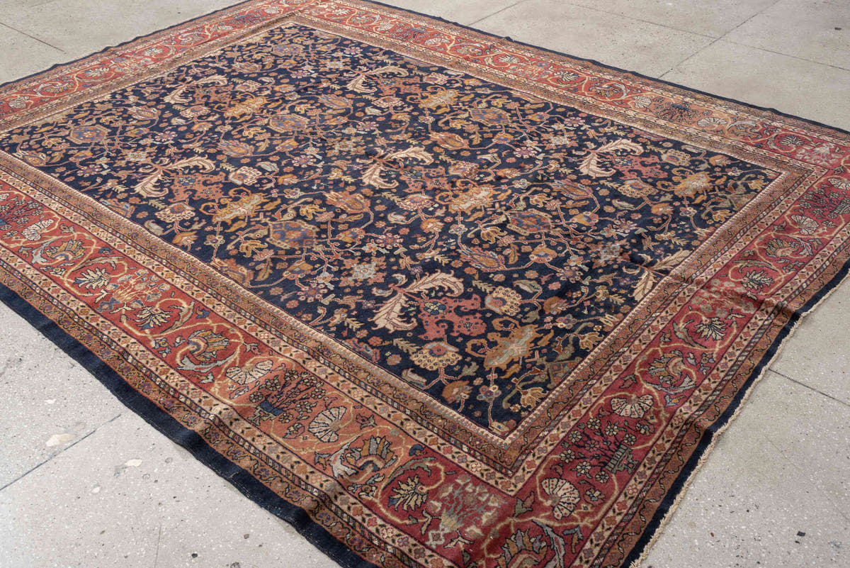 8' x 10' one-of-a-kind handmade vintage Farahan large size rug. Color palette: navy, rust, ivory, terracotta, dusty blue