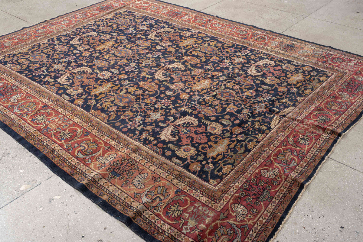 8' x 10' one-of-a-kind handmade vintage Farahan large size rug. Color palette: navy, rust, ivory, terracotta, dusty blue