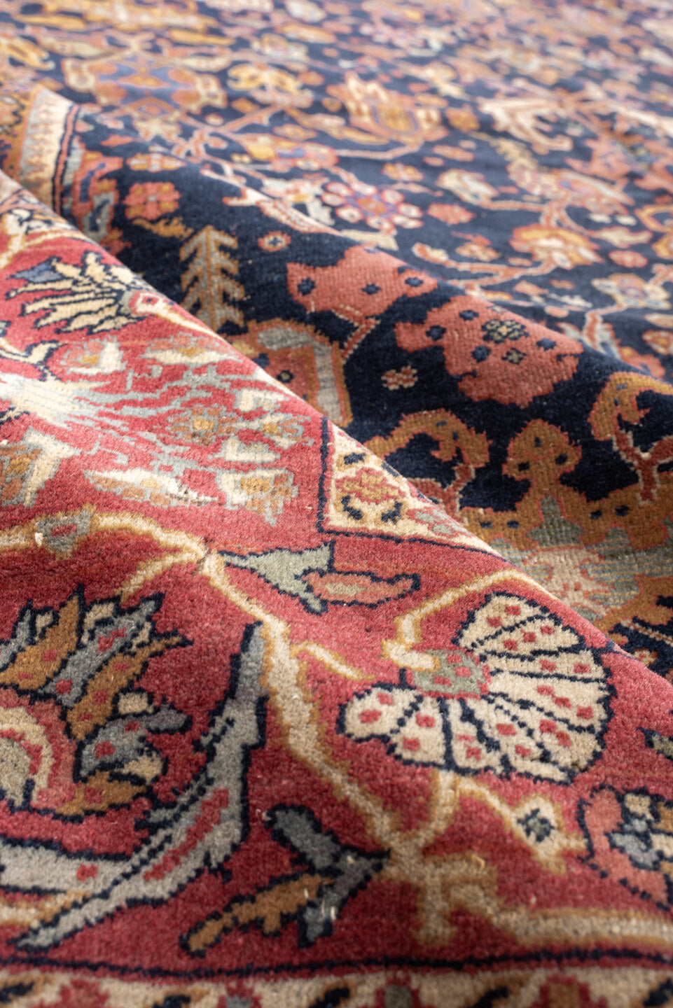 8' x 10' one-of-a-kind handmade vintage Farahan large size rug. Color palette: navy, rust, ivory, terracotta, dusty blue