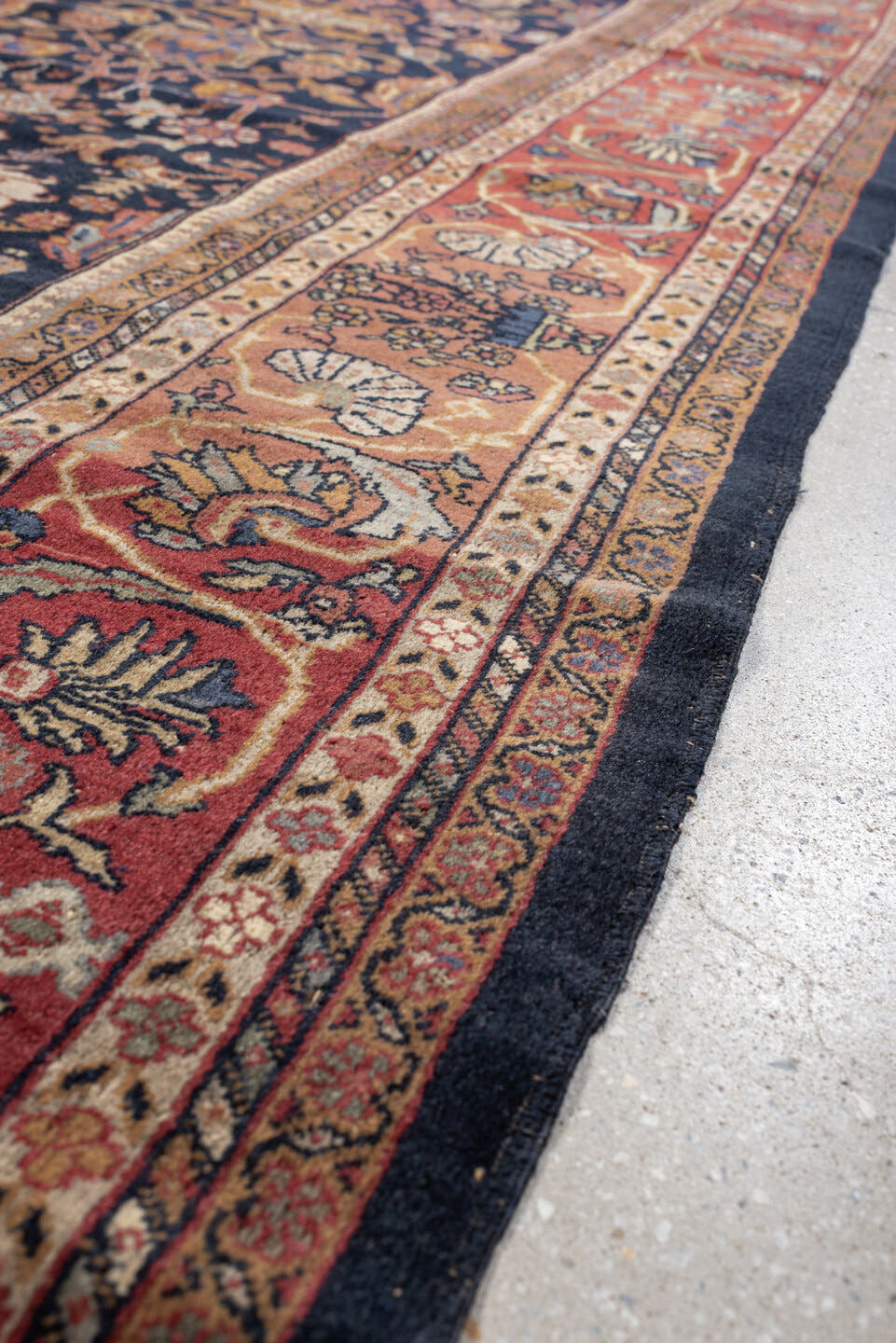 8' x 10' one-of-a-kind handmade vintage Farahan large size rug. Color palette: navy, rust, ivory, terracotta, dusty blue