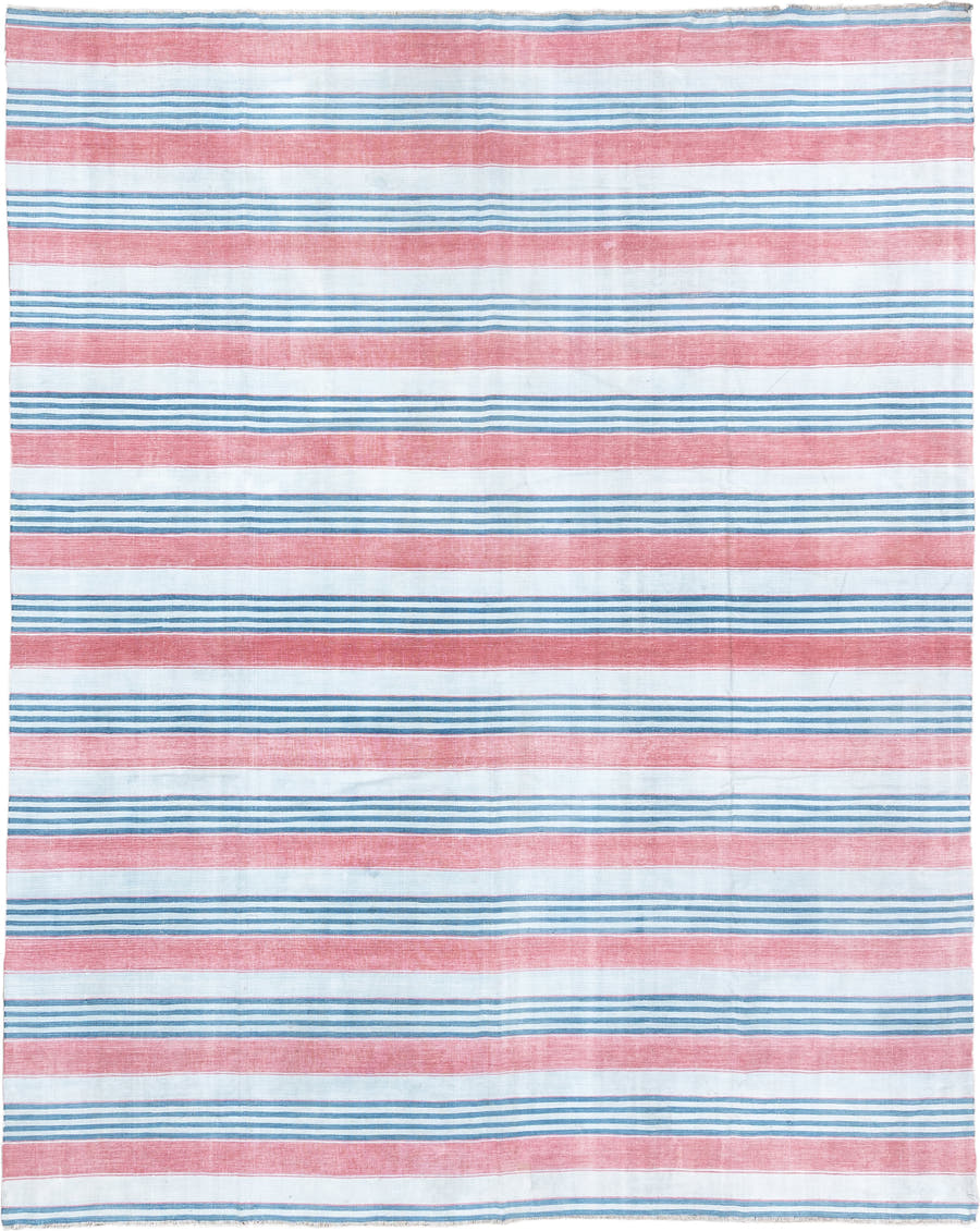 8' x 11' one-of-a-kind handmade vintage Cot Dhurrie large size rug. Color palette: ivory, coral pink, sky blue, pale blue