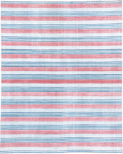 8' x 11' one-of-a-kind handmade vintage Cot Dhurrie large size rug. Color palette: ivory, coral pink, sky blue, pale blue