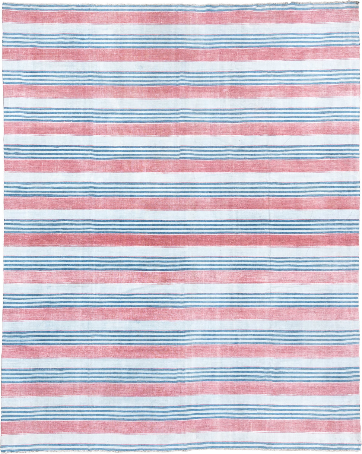 8' x 11' one-of-a-kind handmade vintage Cot Dhurrie large size rug. Color palette: ivory, coral pink, sky blue, pale blue