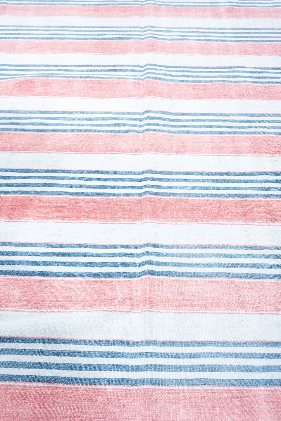 8' x 11' one-of-a-kind handmade vintage Cot Dhurrie large size rug. Color palette: ivory, coral pink, sky blue, pale blue