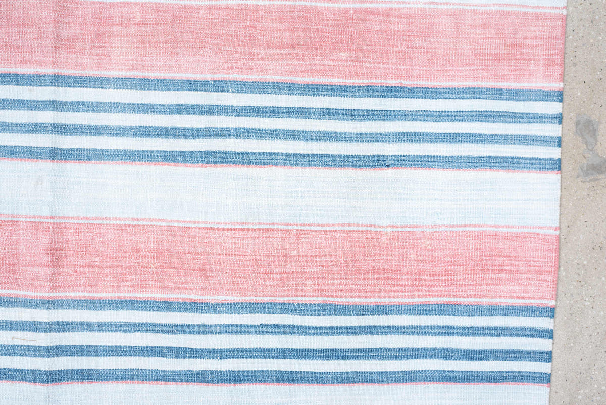 8' x 11' one-of-a-kind handmade vintage Cot Dhurrie large size rug. Color palette: ivory, coral pink, sky blue, pale blue