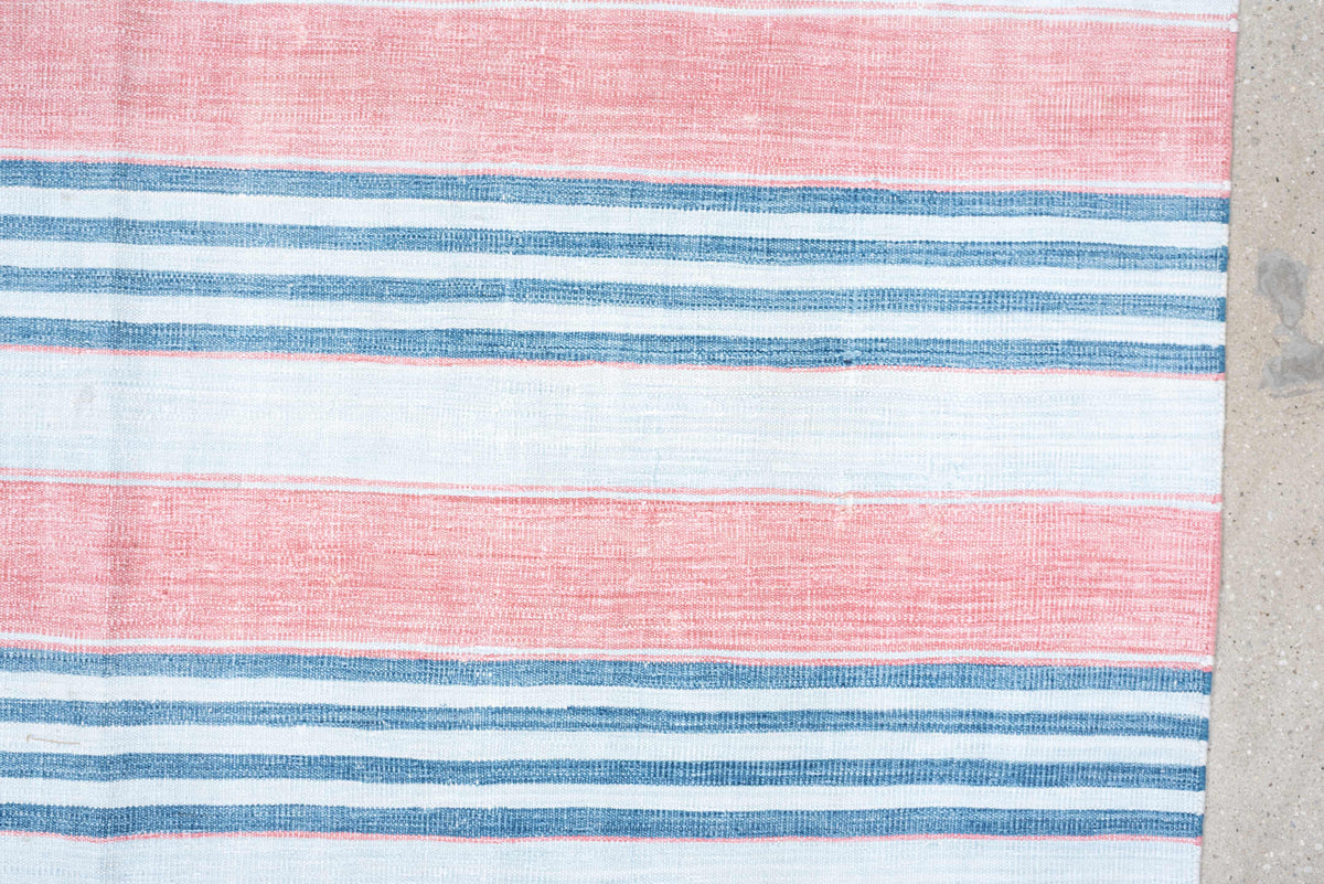 8' x 11' one-of-a-kind handmade vintage Cot Dhurrie large size rug. Color palette: ivory, coral pink, sky blue, pale blue