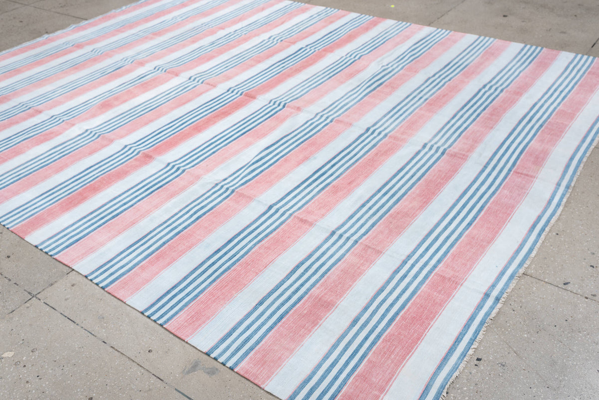 8' x 11' one-of-a-kind handmade vintage Cot Dhurrie large size rug. Color palette: ivory, coral pink, sky blue, pale blue