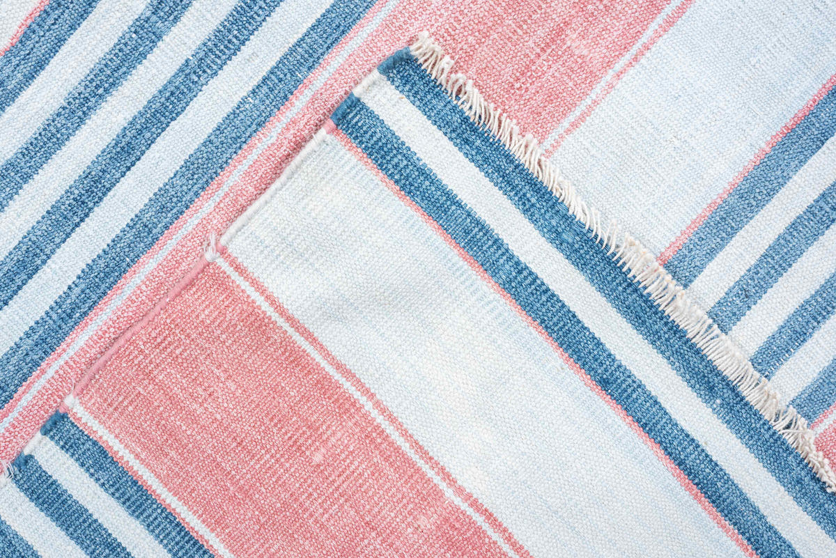 8' x 11' one-of-a-kind handmade vintage Cot Dhurrie large size rug. Color palette: ivory, coral pink, sky blue, pale blue