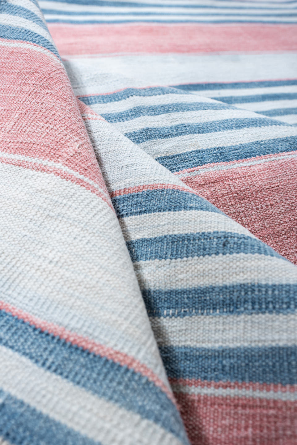 8' x 11' one-of-a-kind handmade vintage Cot Dhurrie large size rug. Color palette: ivory, coral pink, sky blue, pale blue