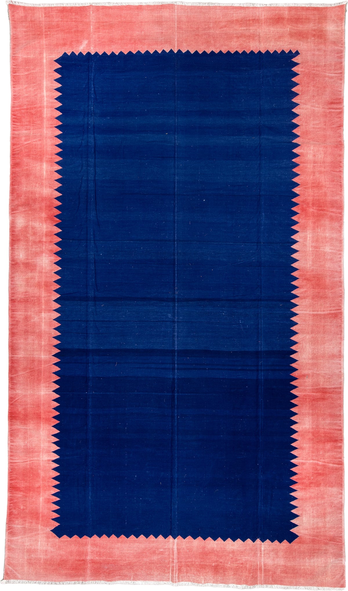 9' x 15' one-of-a-kind handmade antique Cot Dhurrie rug. Color palette: indigo, coral, rose, navy, ivory, purple, terracotta
