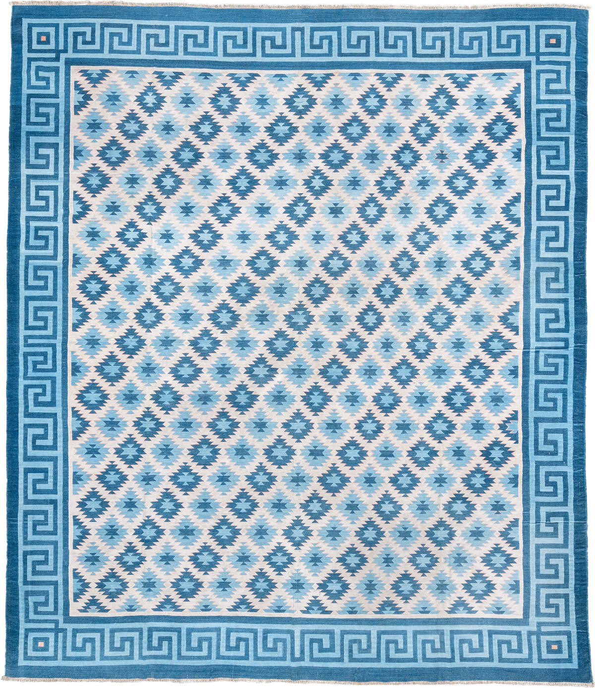 10' x 11' one-of-a-kind handmade antique Cot Dhurrie large size rug. Color palette: ivory, teal, indigo, sky blue, slate